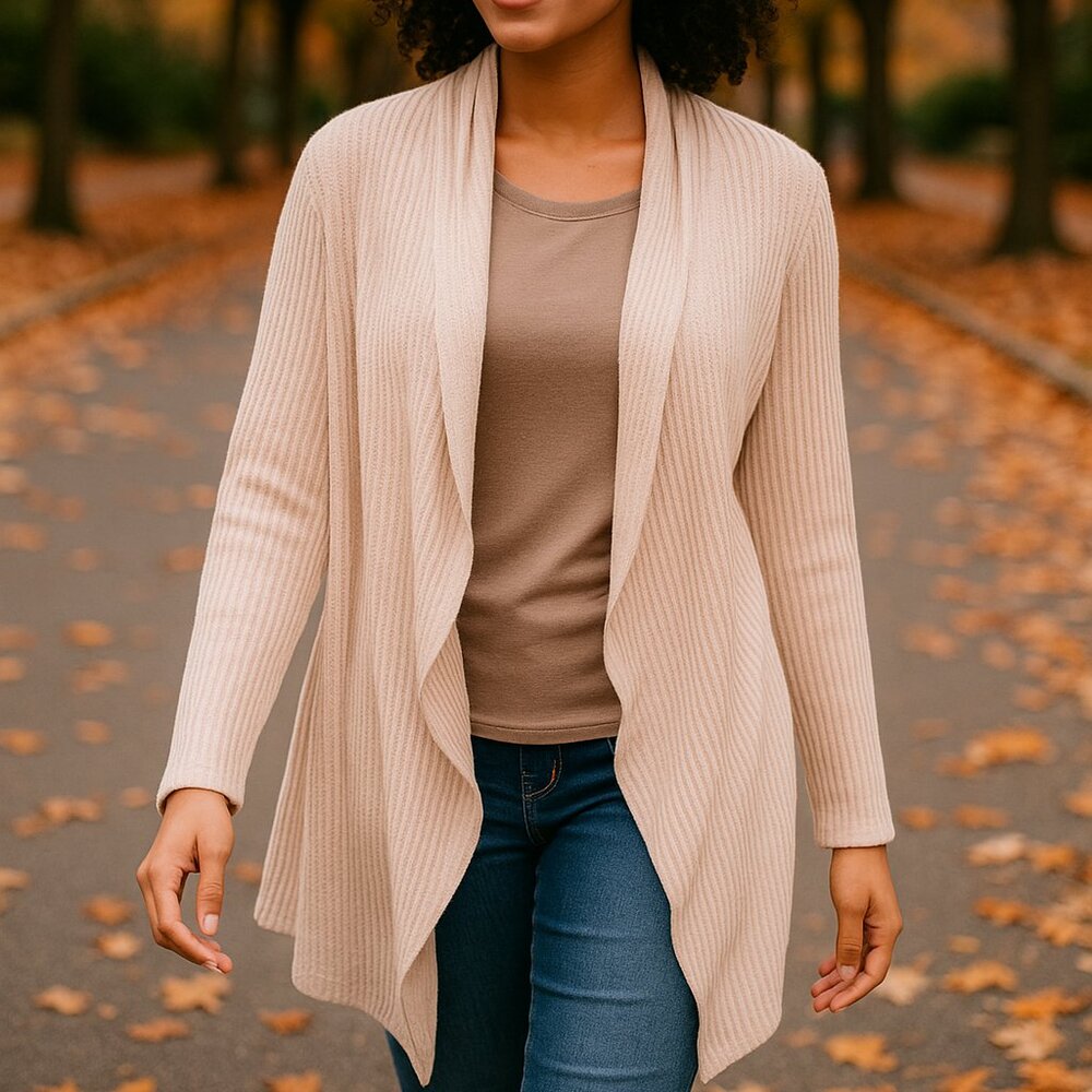 JODIFL Cream Beige Waffle Knit Cardigan Open Size Sweater Medium